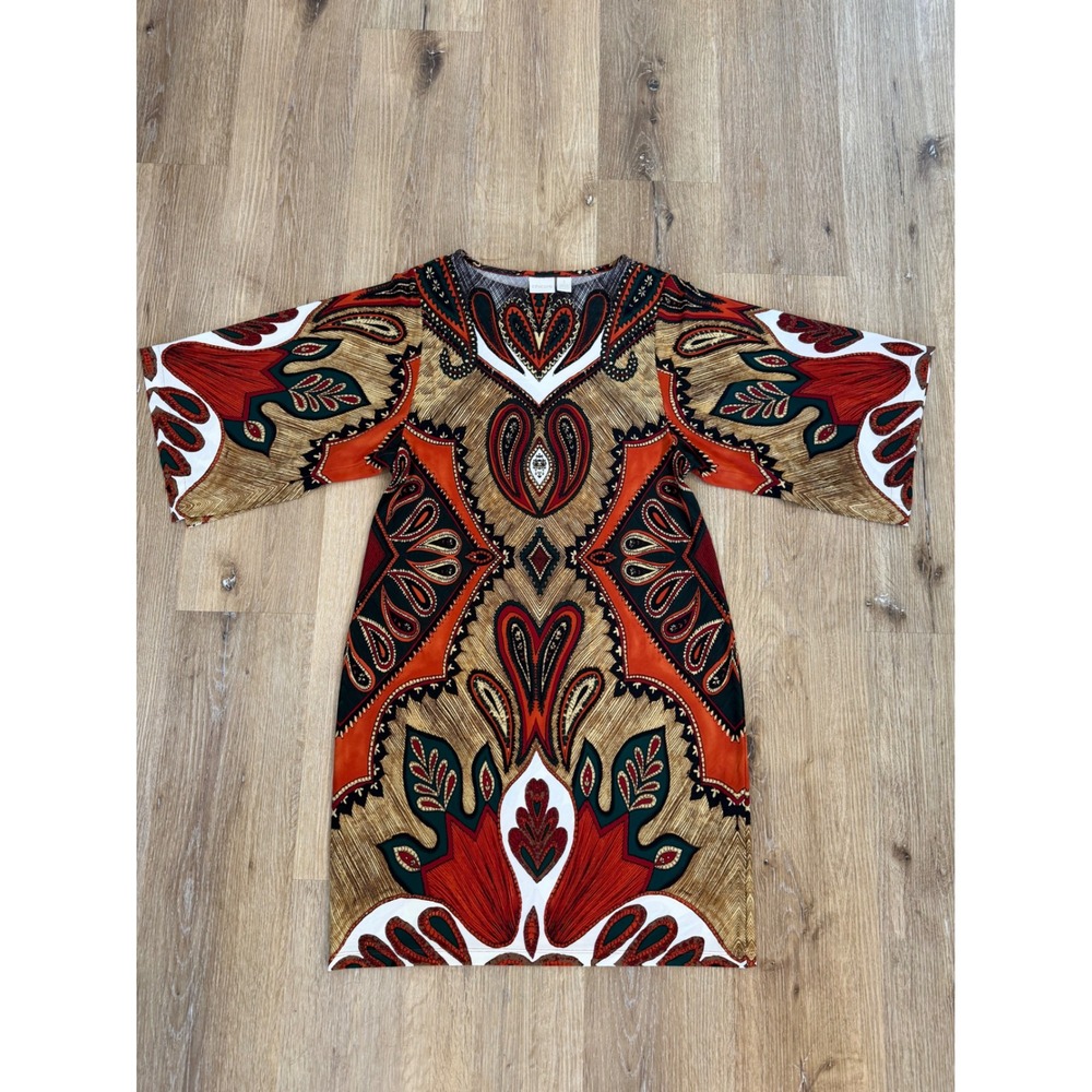 Chico's Boho Festival Tunic Top Women 1 Orange Multi Paisley Bell Sleeve Stretch